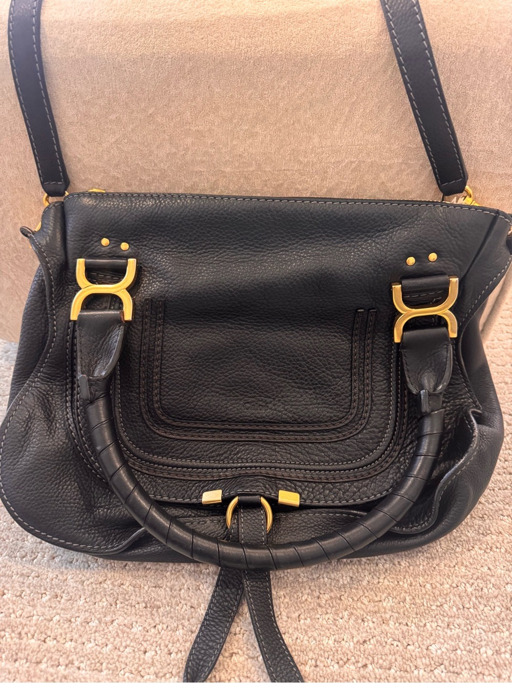 Authentic Chloe Large Marcie Satchel Black Grained Leather and Gold Hardware